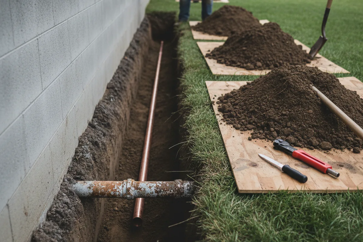 Excavated water line trench during Sewer Line Repair in Huron